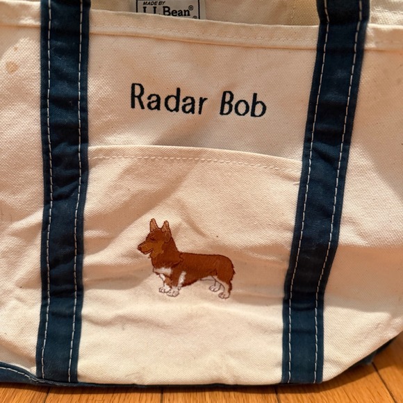 Vtg L.L.Bean Boat Tote 'Radar Bob' Corgi Embroidered Canvas Bag Green Trim - Picture 2 of 12